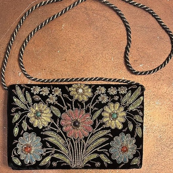 Art Deco Black Velvet Hand Beaded Floral Clutch, Collectible Purse - Picture 1 of 5